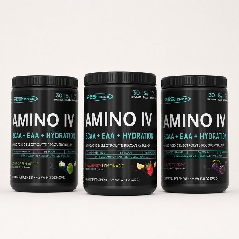 Aminoácidos PEScience: Amino IV Sour Green Apple, Strawberry Lemonade y Black Cherry