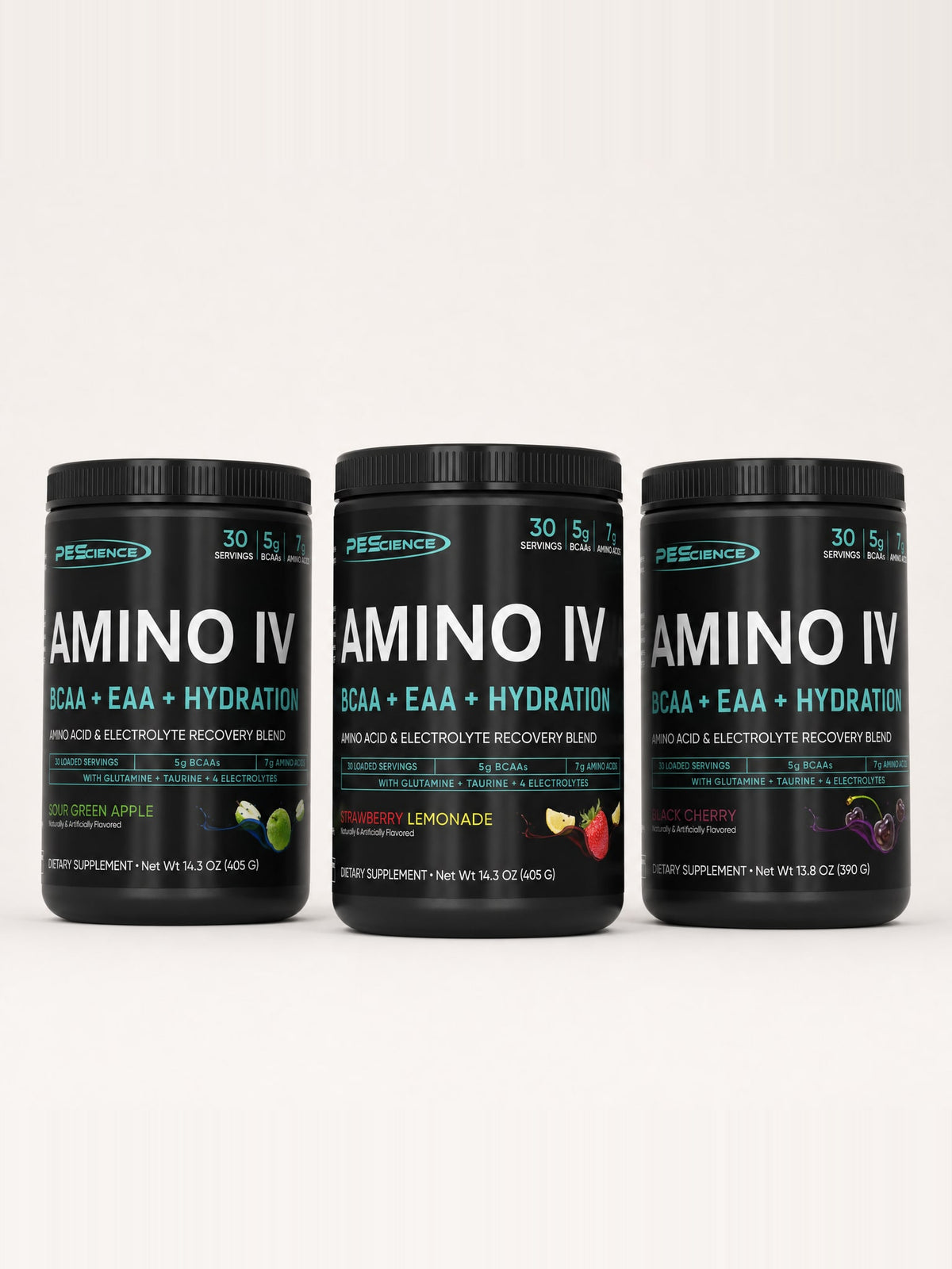 Aminoácidos PEScience: Amino IV Sour Green Apple, Strawberry Lemonade y Black Cherry