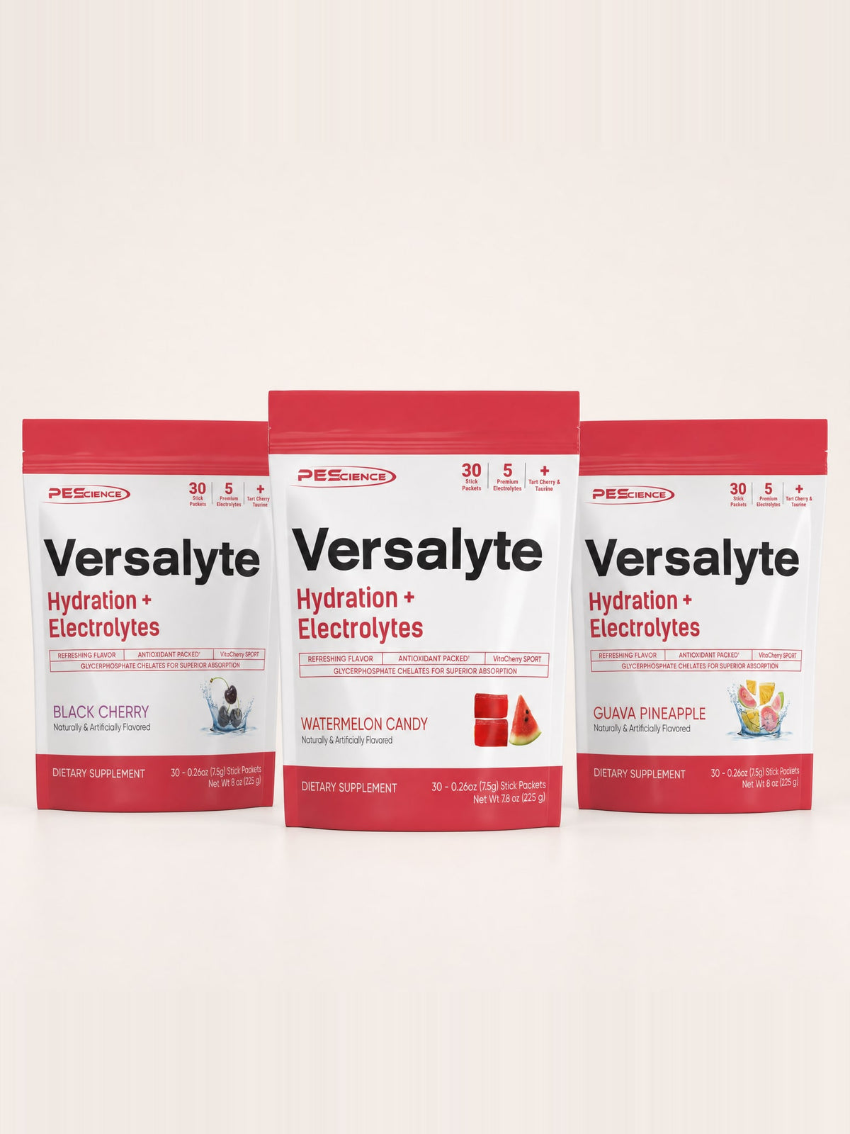 Electrolitos PEScience: Versalyte Black Cherry, Watermelon Candy y Guava Pineapple