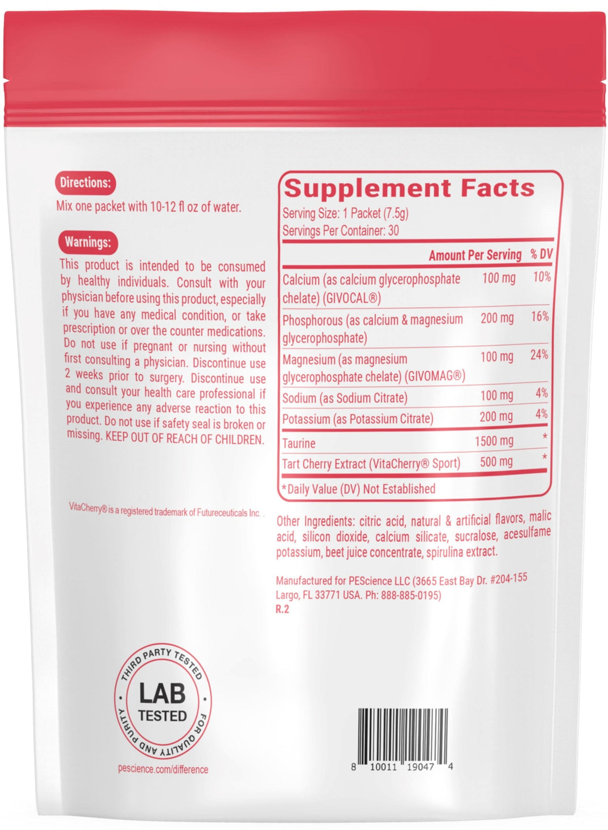 Información nutrimental de Versalyte en sobres